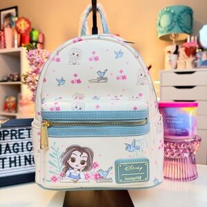 Loungefly Belle White Mini Backpack with Blue Trim & Pink Floral Accents
